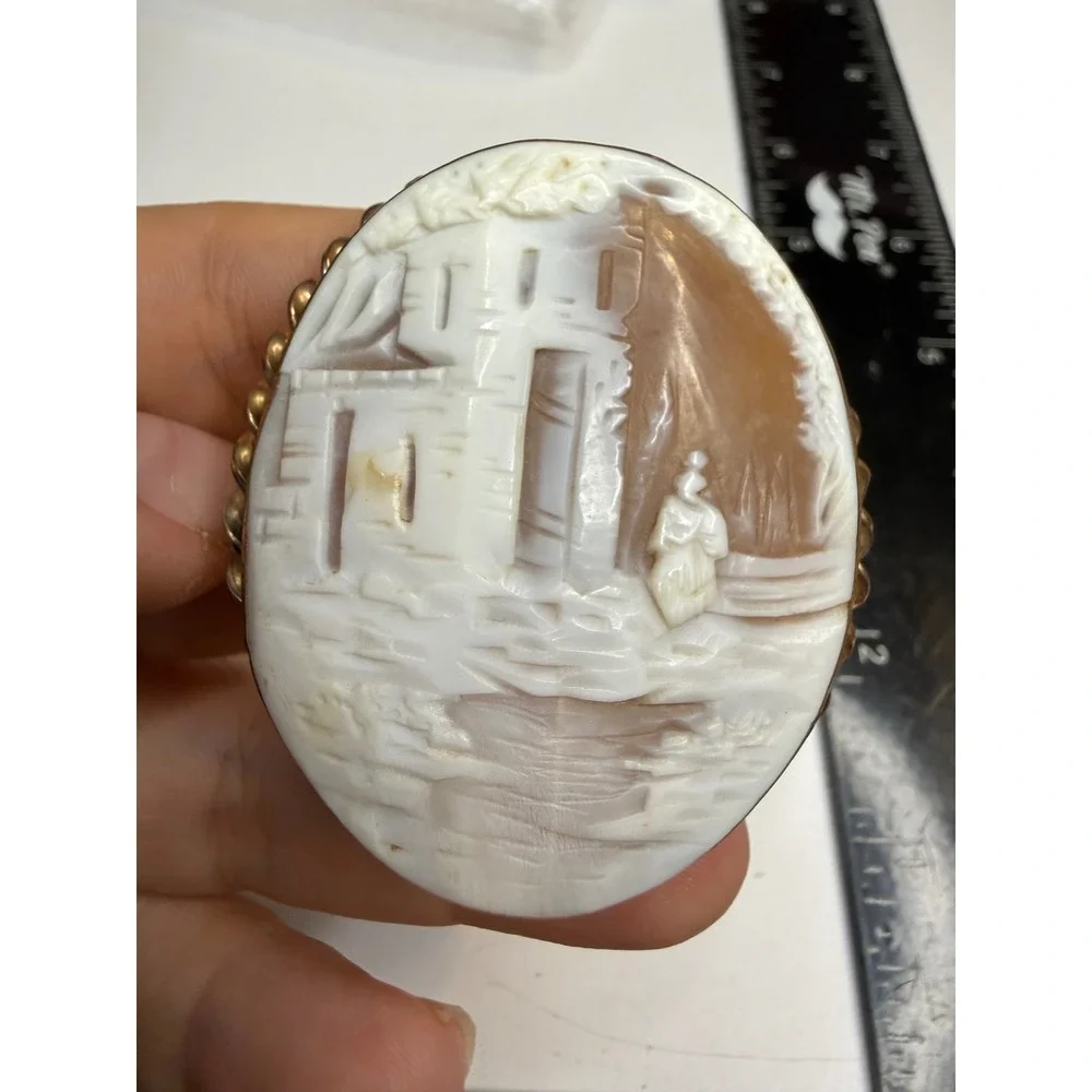 Antique Shell Cameo Brooch Hand Carved Village Landscape Gold Tone Frame